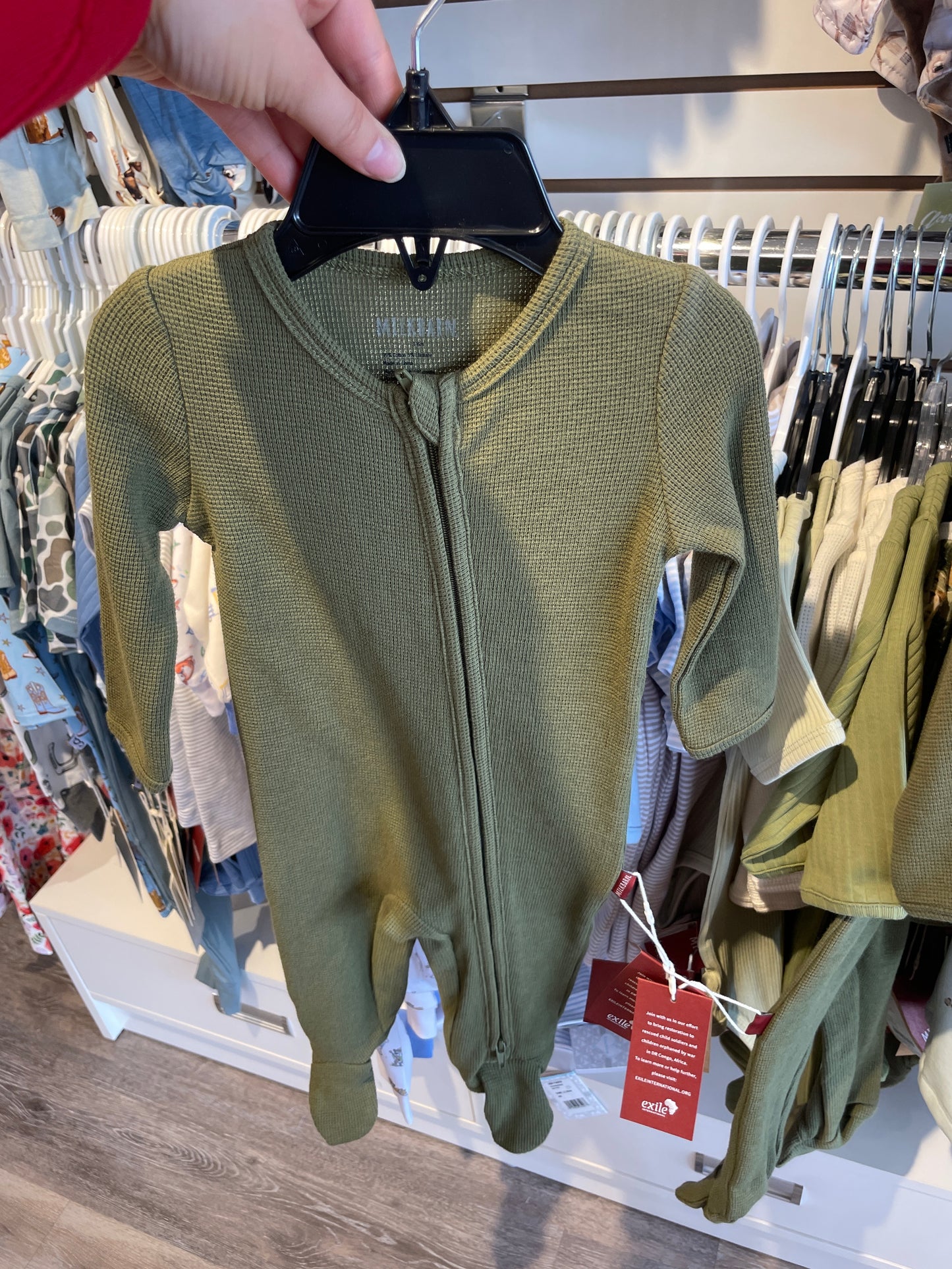 Olive Waffle Zipper Footed Romper