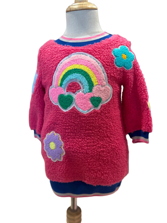 Sherpa Dress w Rainbow and Flower Patch Detail