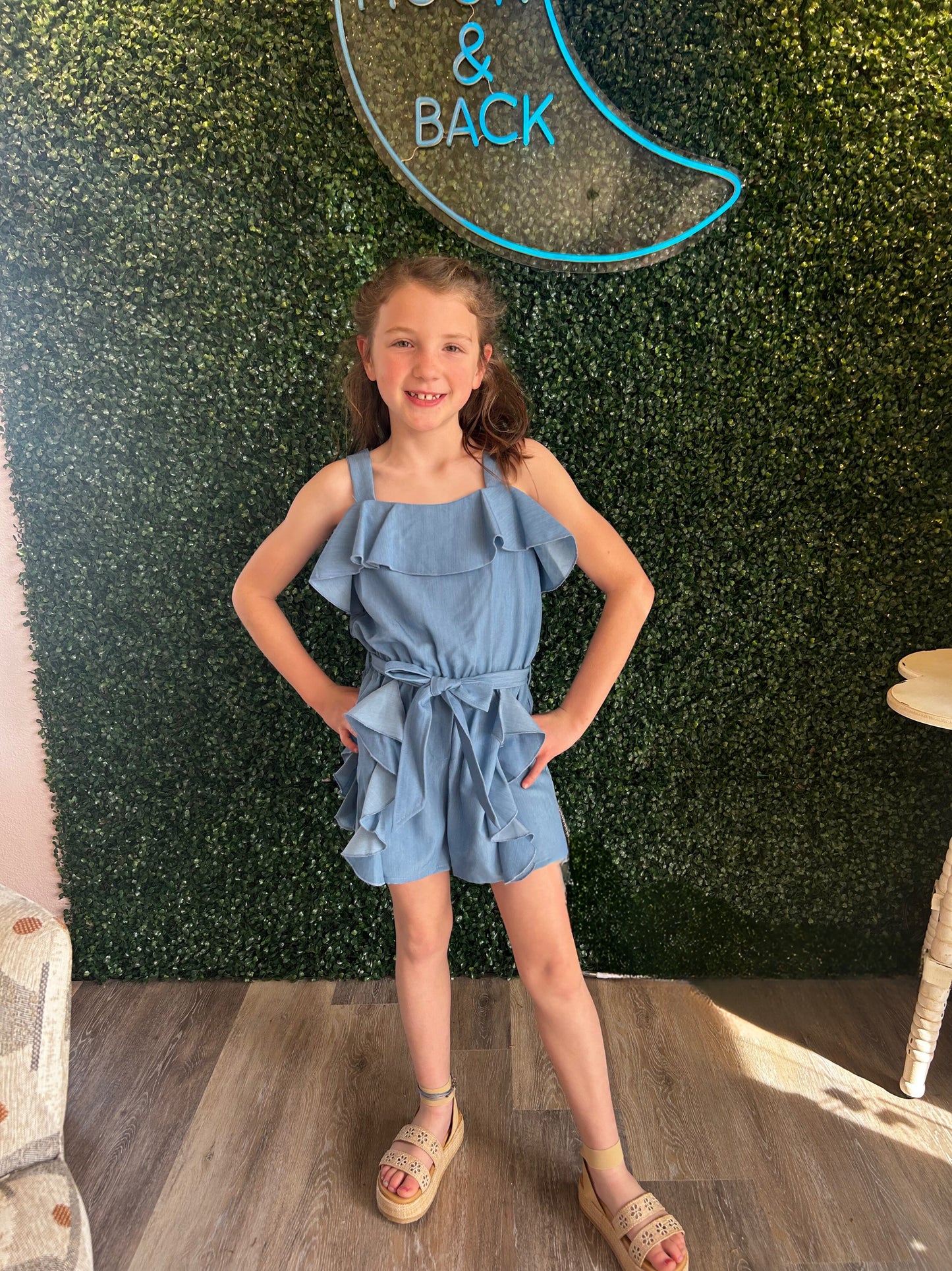 RUFFLED TRIMMED ROMPER WITH SELF WAIST TIE