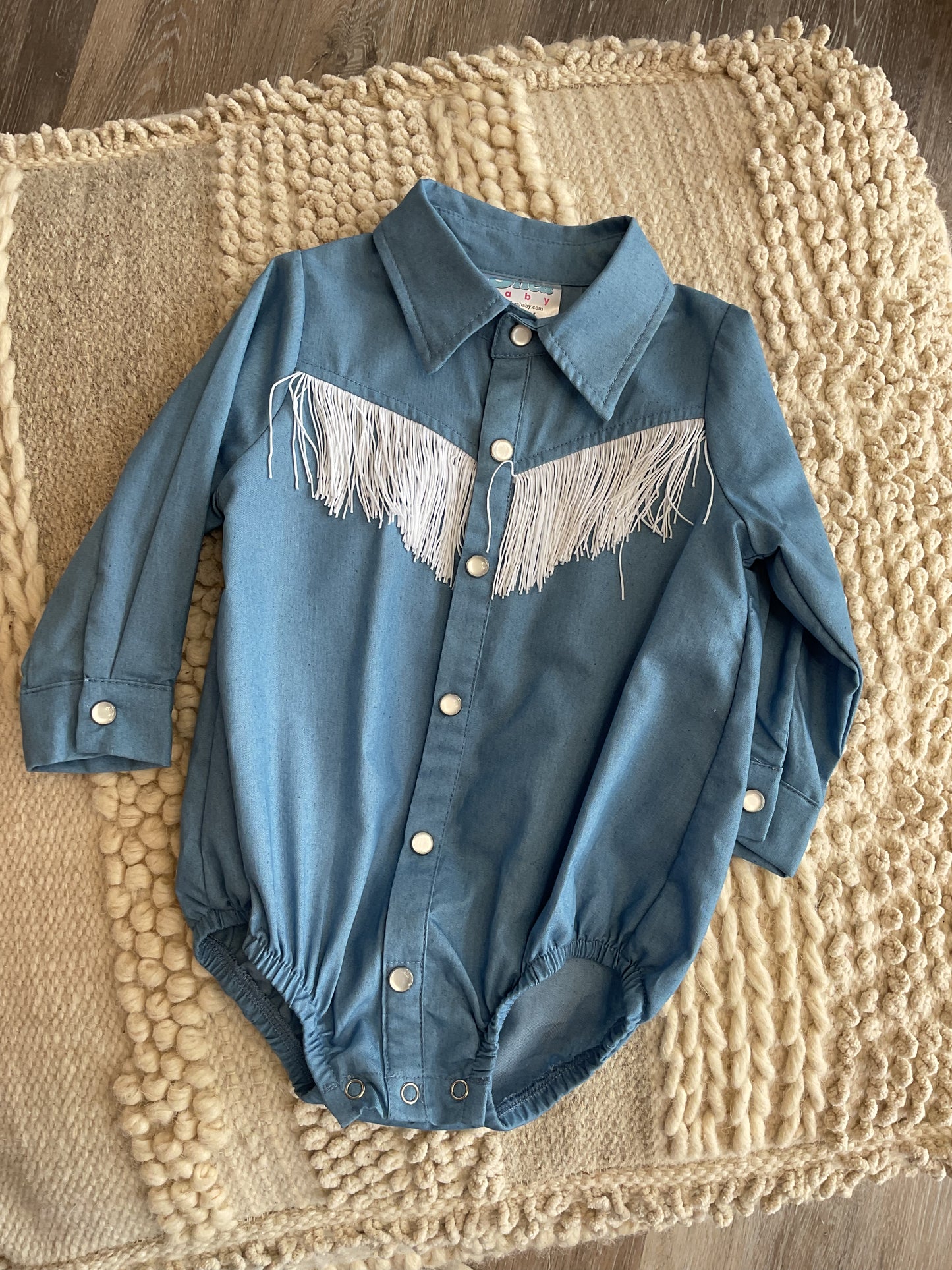 DENIM FRINGE PEARL SNAP ONESIE/ SHIRT
