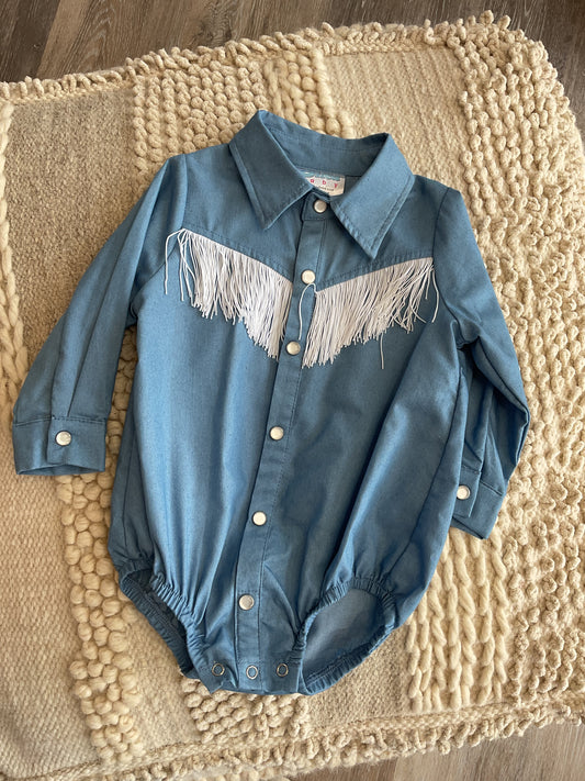DENIM FRINGE PEARL SNAP ONESIE/ SHIRT