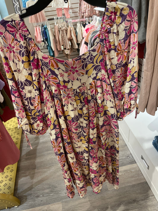 Floral Violet Tie Sleeve Dress