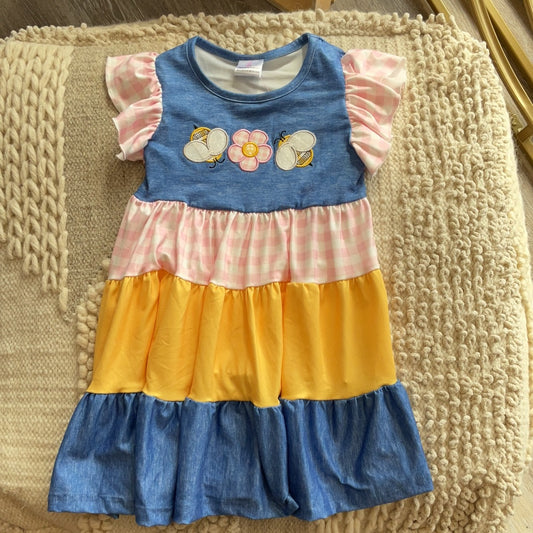 NAVY BEE APPLIQUE TIERED RUFFLE DRESS