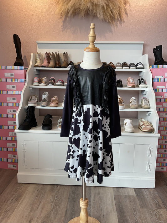 COWPRINT LEATHER FRINGE DRESS