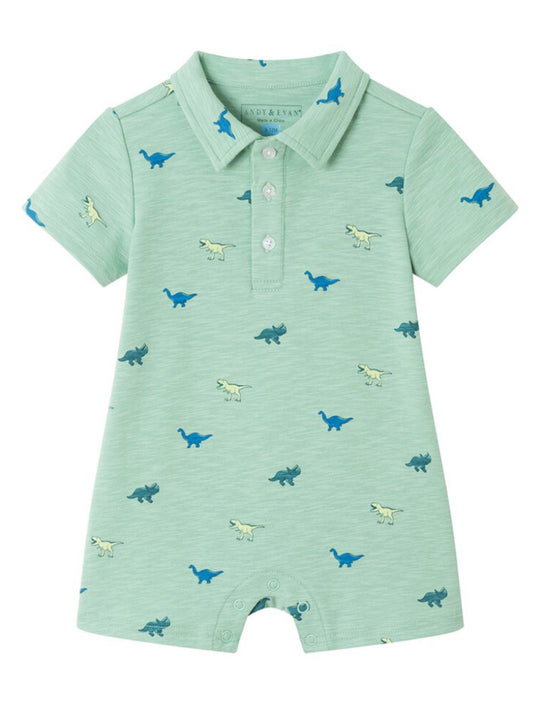 Light Green Dinosaur Print Polo Romper