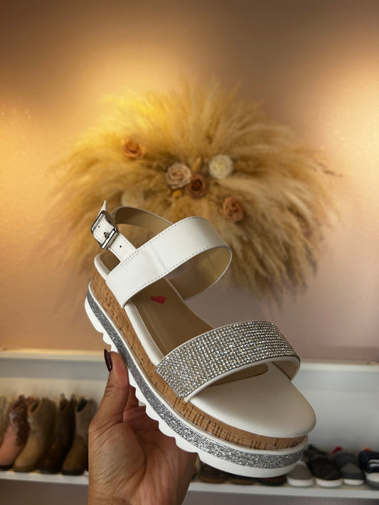 WHITE RHINESTONE PLATFORM SANDAL