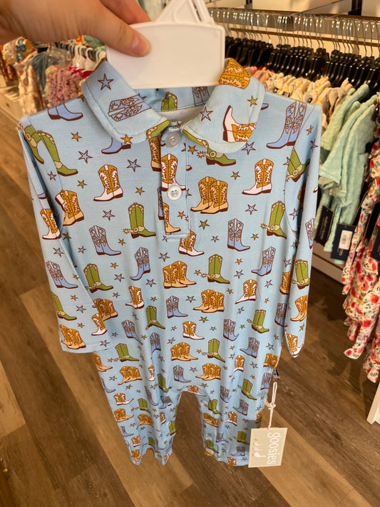 Blue Boot Print LS Polo Romper
