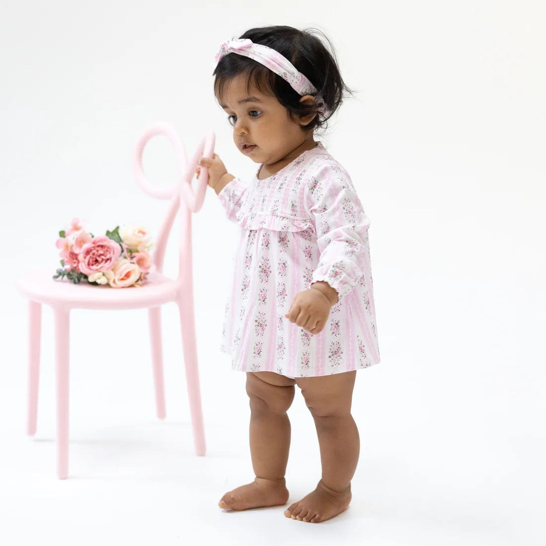 Bella Rose Stripe Long Sleeve Smocked Ruffle Bubble with Skirt