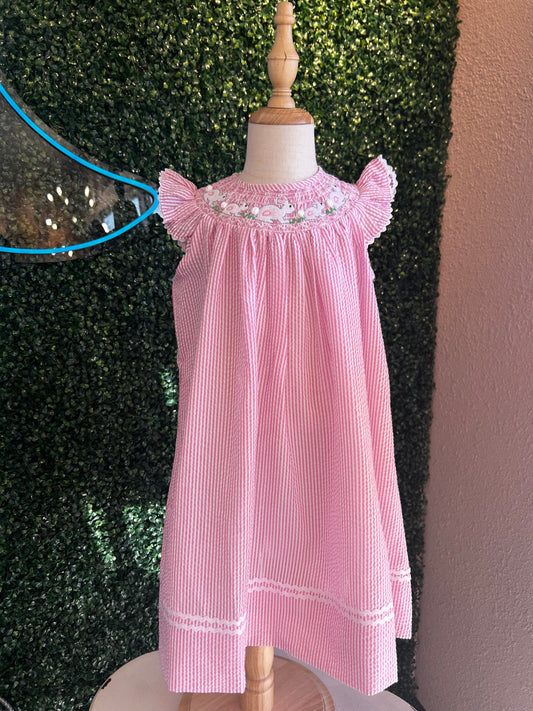 Pink Seersucker Running Bunnies Smocked Dress