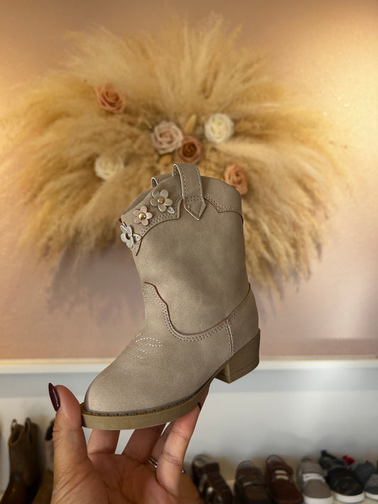 TAUPE DISTRESSED PU TALL WESTERN BOOT W/MULTI-COLOR FLOWERS