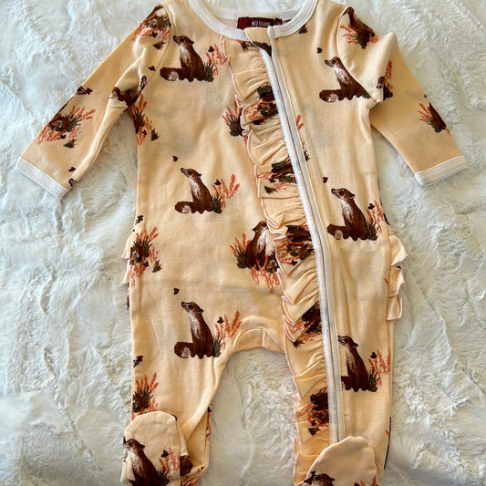 ORGANIC FLORAL FOX RUFFLE FOOTED ROMPER