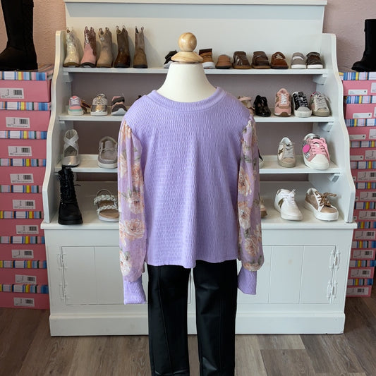 GIRL'S PUFFY FLORAL SLEEVE SMOCKING JERSEY TOP