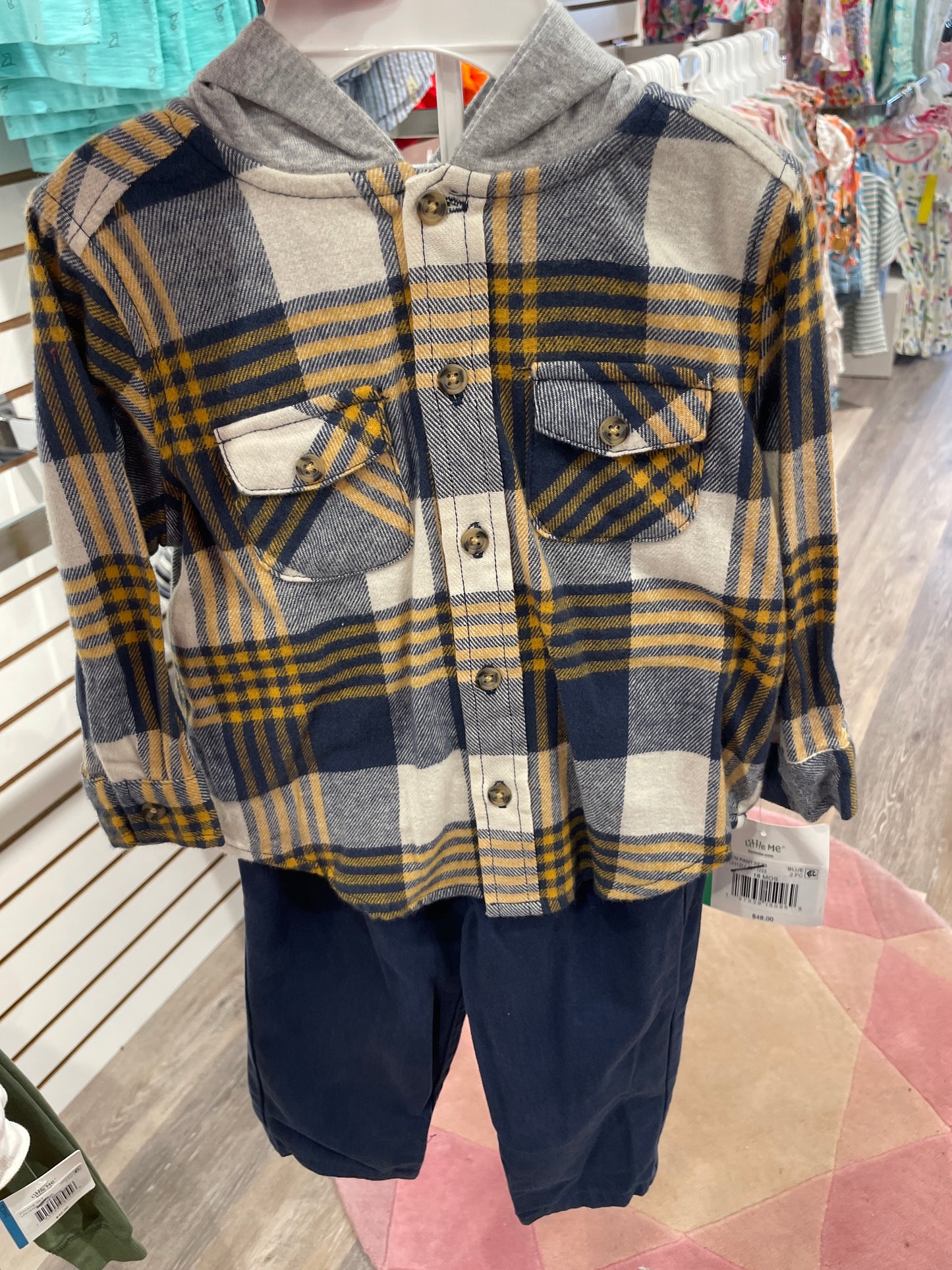 Navy Plaid Woven Pant Set