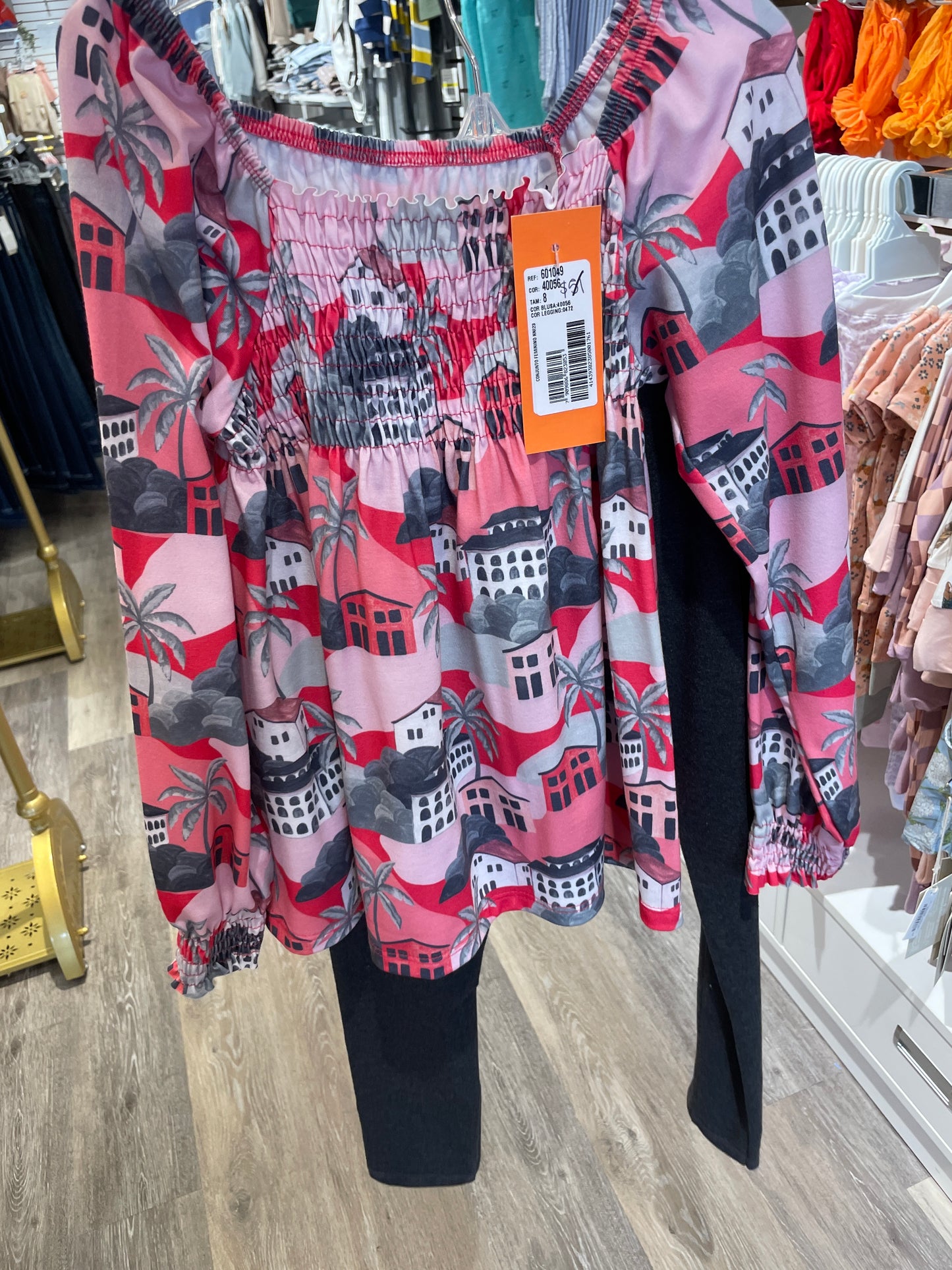 PINK AND GREY PALM TREE SET WITH DARK GREY TIGHTS