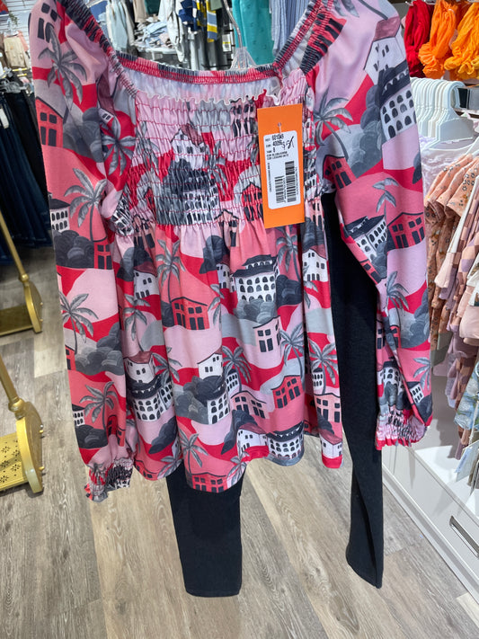PINK AND GREY PALM TREE SET WITH DARK GREY TIGHTS
