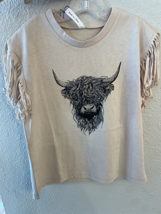 BEIGE BULL SHIRT W/ FRINGED SLEEVES