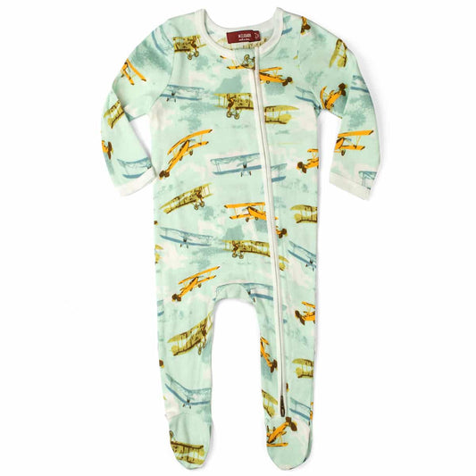 ORGANIC VINTAGE PLANES FOOTED ROMPER