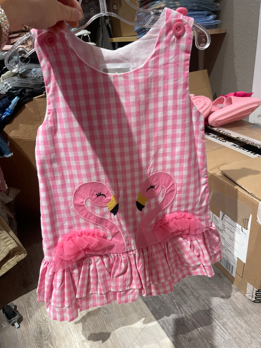 PINK GINGHAM FLAMINGO TULLE RUFFLE DRESS