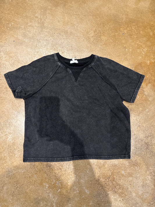 Girls Black Washed Short Sleeve Knit Sweatshirt