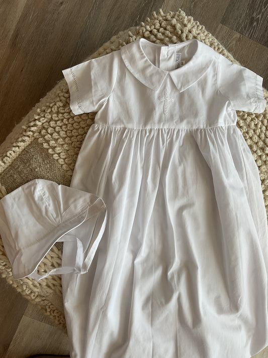 CROSS EMBROIDERED BOYS GOWN AND BONNET