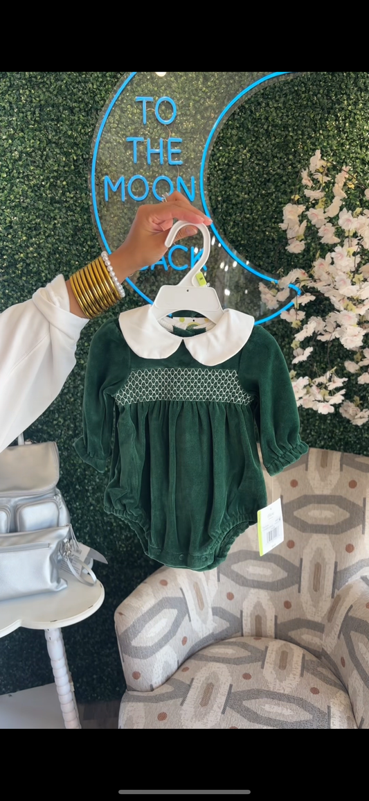 Green Velour Smocked Bubble Set