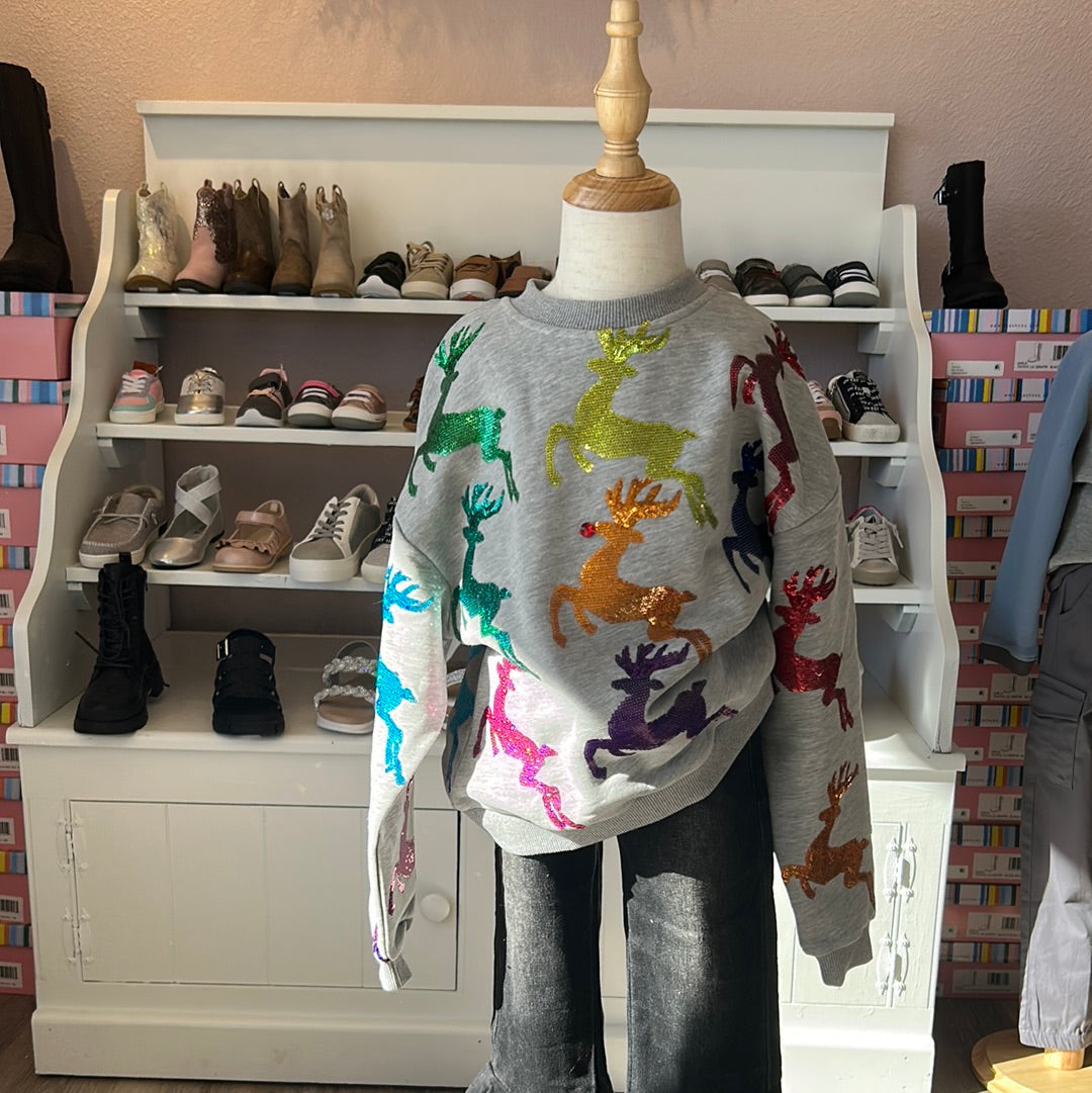 QUEEN OF SPARKLES GREY MULTI DEER REINDEER SWEATSHIRT