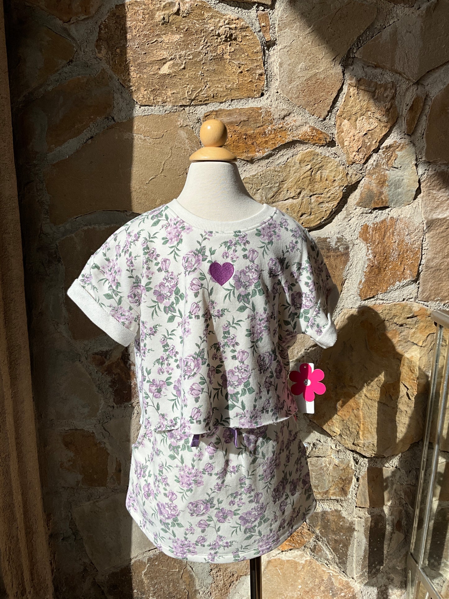 Floral Print W/ Embroidered Heart Top
