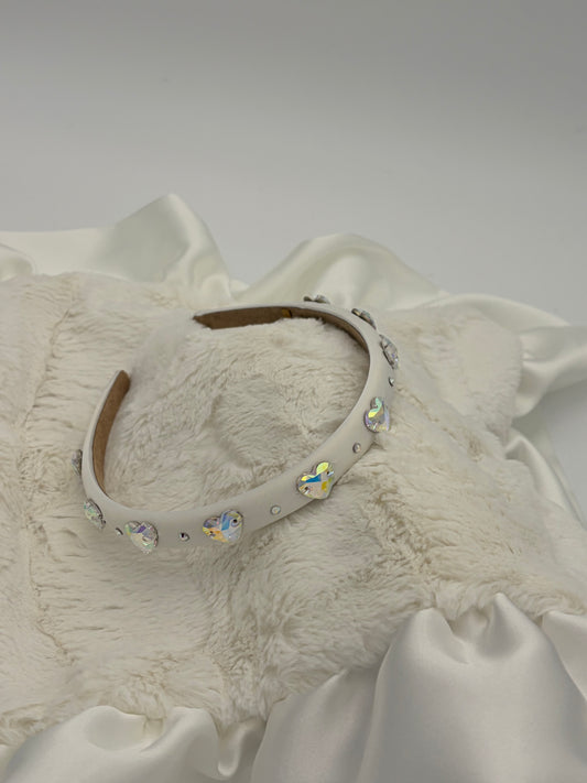 Thin White Satin Headband W/ Jewels