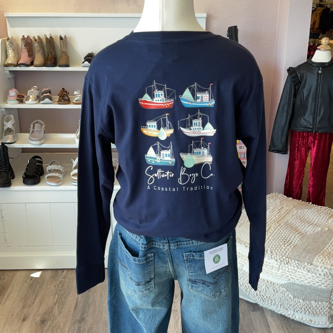 Saint Simons Shrimp Boat Long Sleeve Tee Navy