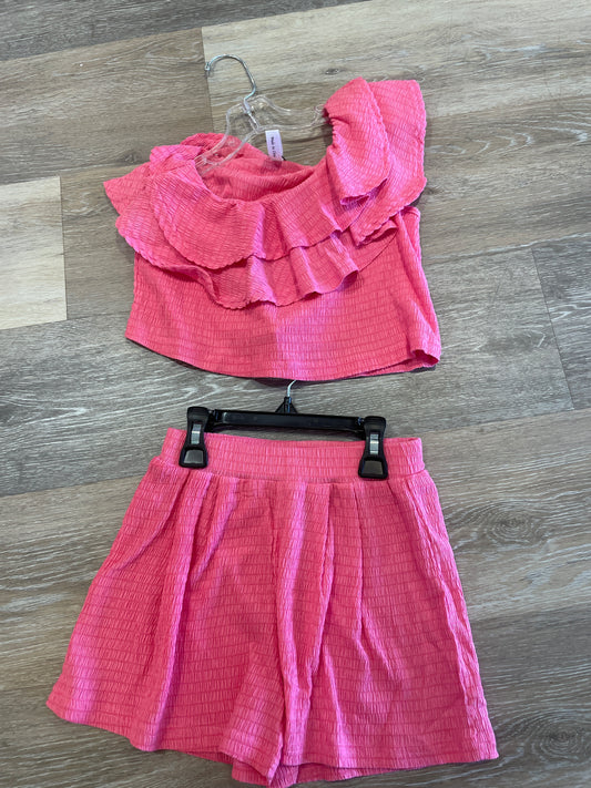 FUCHSIA ONE SHOULDER RUFFLE SHORT SET