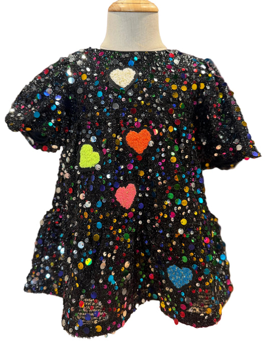 Sequin Tiered Dress W Heart Patch Details