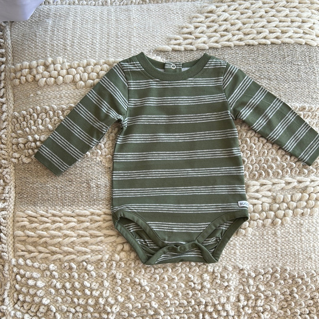 DUSTY OLIVE AND HEATHER GRAY STRIPE KNIT LONG SLEEVE BODY SUIT