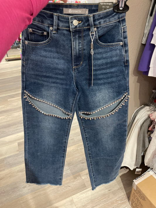 Crystal Slit Straight Leg Jean