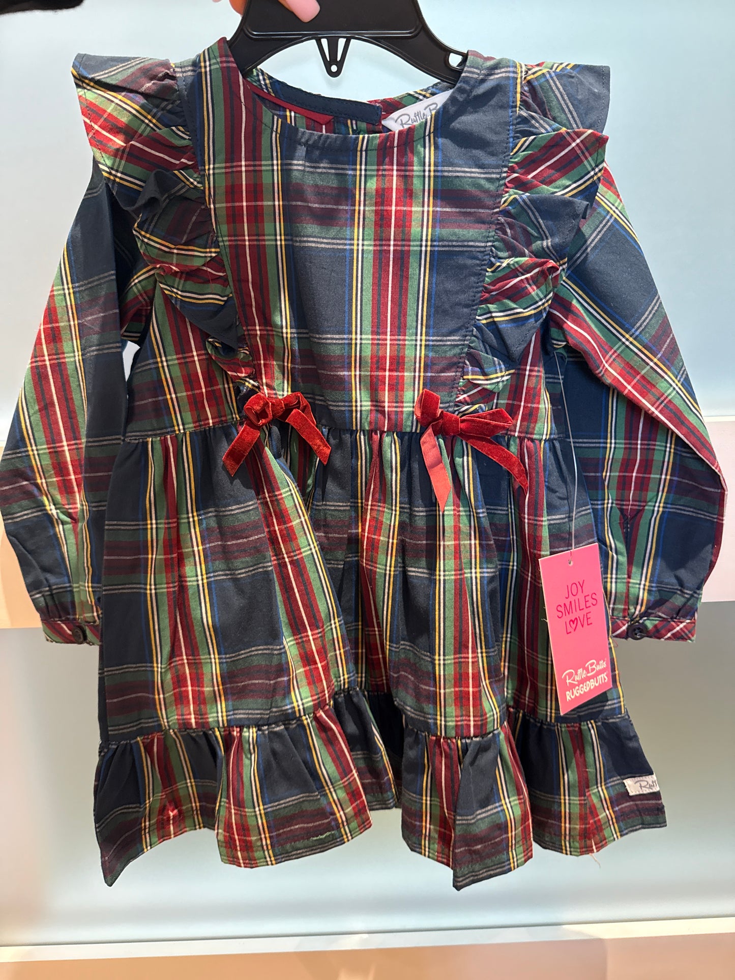 Winter Nights Plaid LS Pinafore Bow Dress