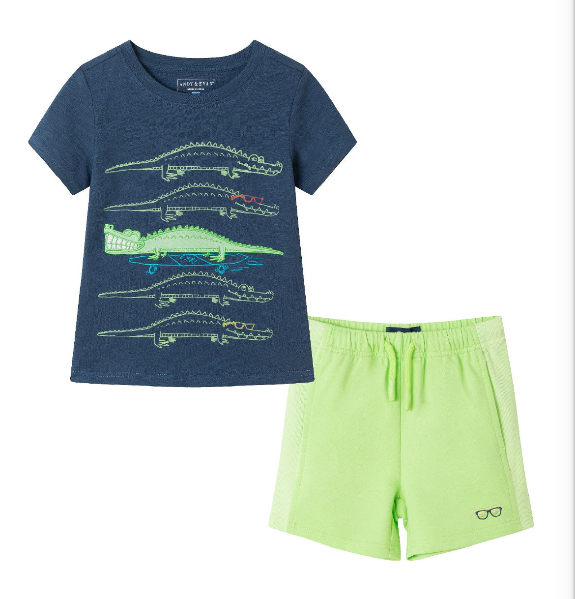 Navy Slub Croc Applique Graphic Tee & Lime French Terry Rib Short Set