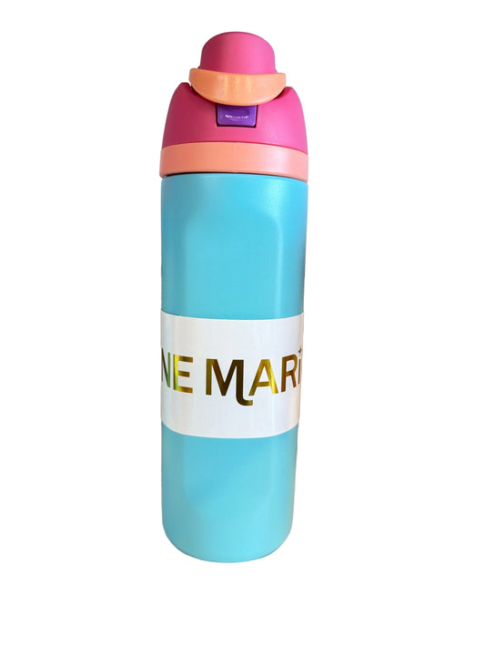 Blue 24 Oz water bottle W/ pink straw cap