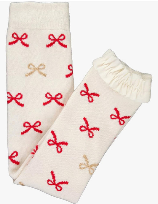 Red Sparkle Bow Patterned Footless Ruffle Tights