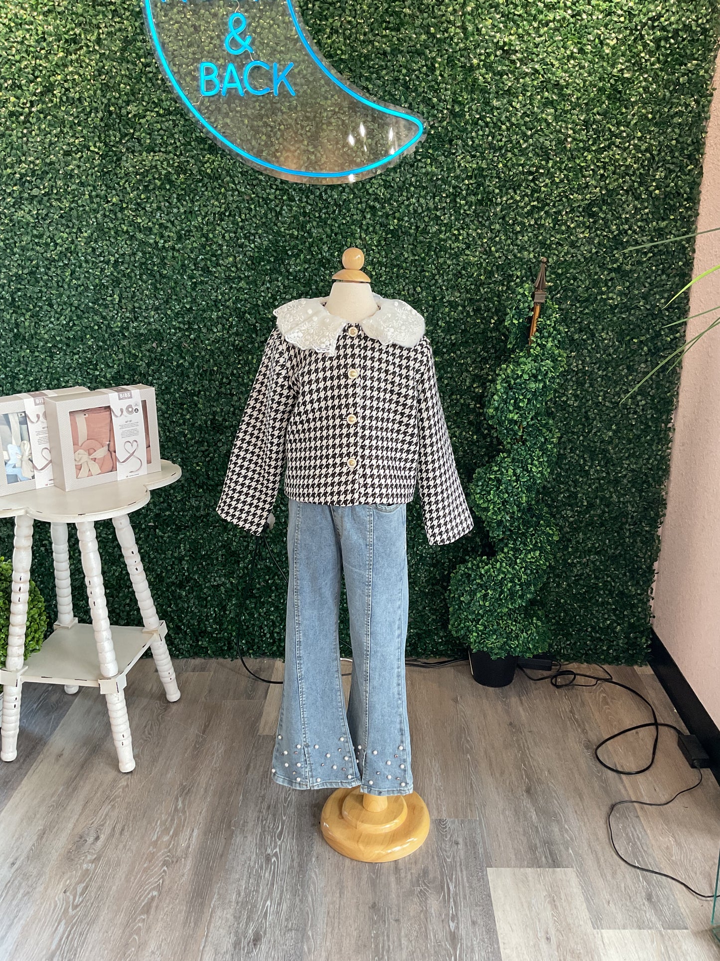 LACE FUR COLLAR HOUNDSTOOTH JACKET