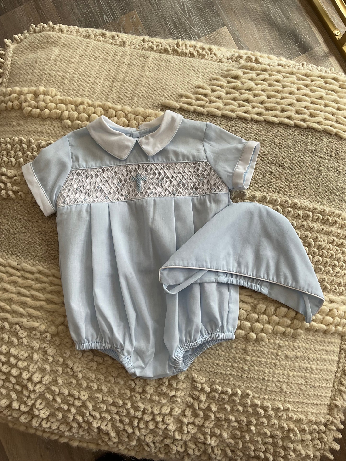 Baby Boy Hand Smocked Christening Baptism Blue Cross Romper