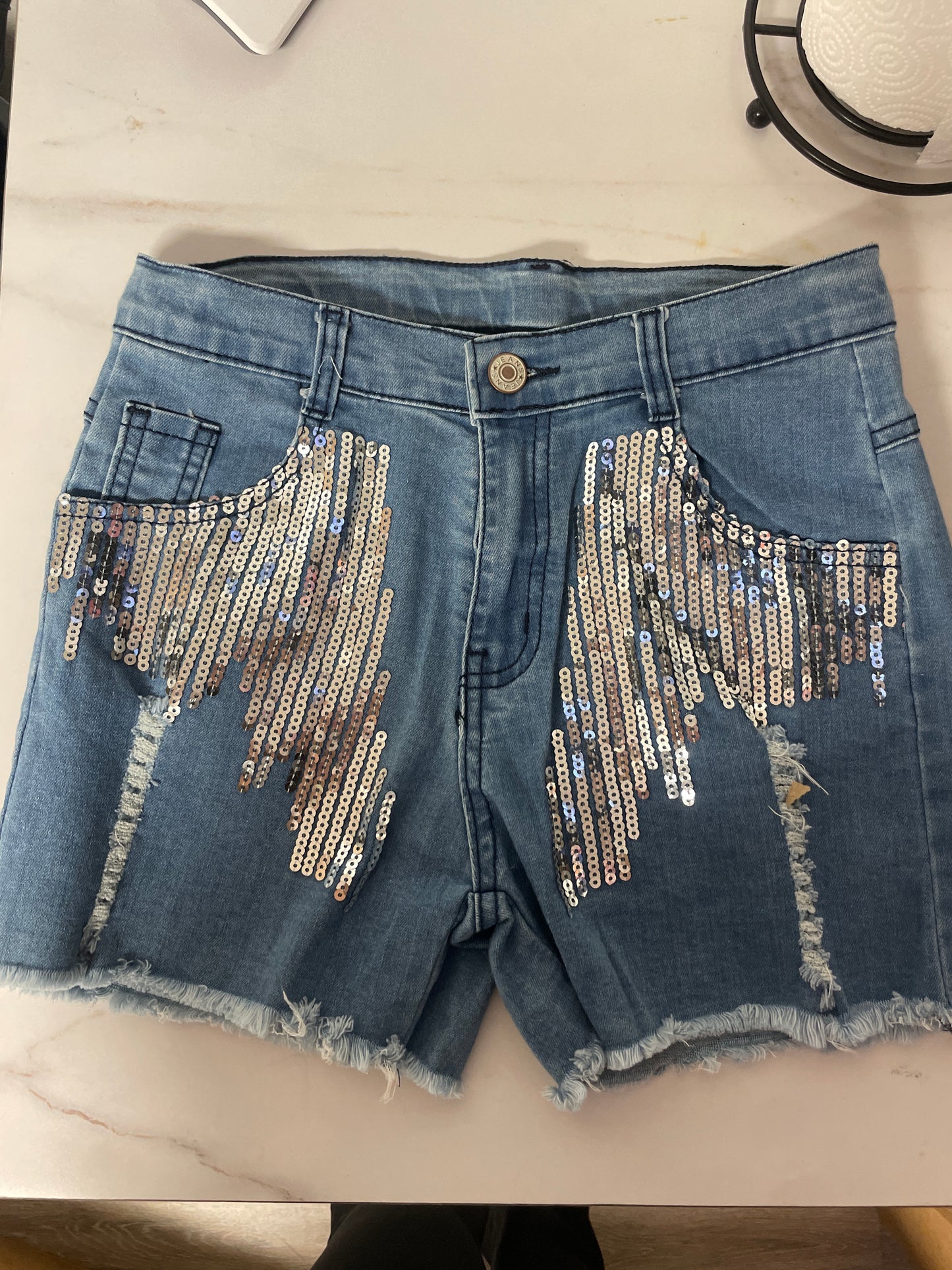 DENIM SEQUIN SHORTS