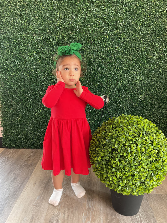 RED KNIT LONG SLEEVE TWIRL DRESS