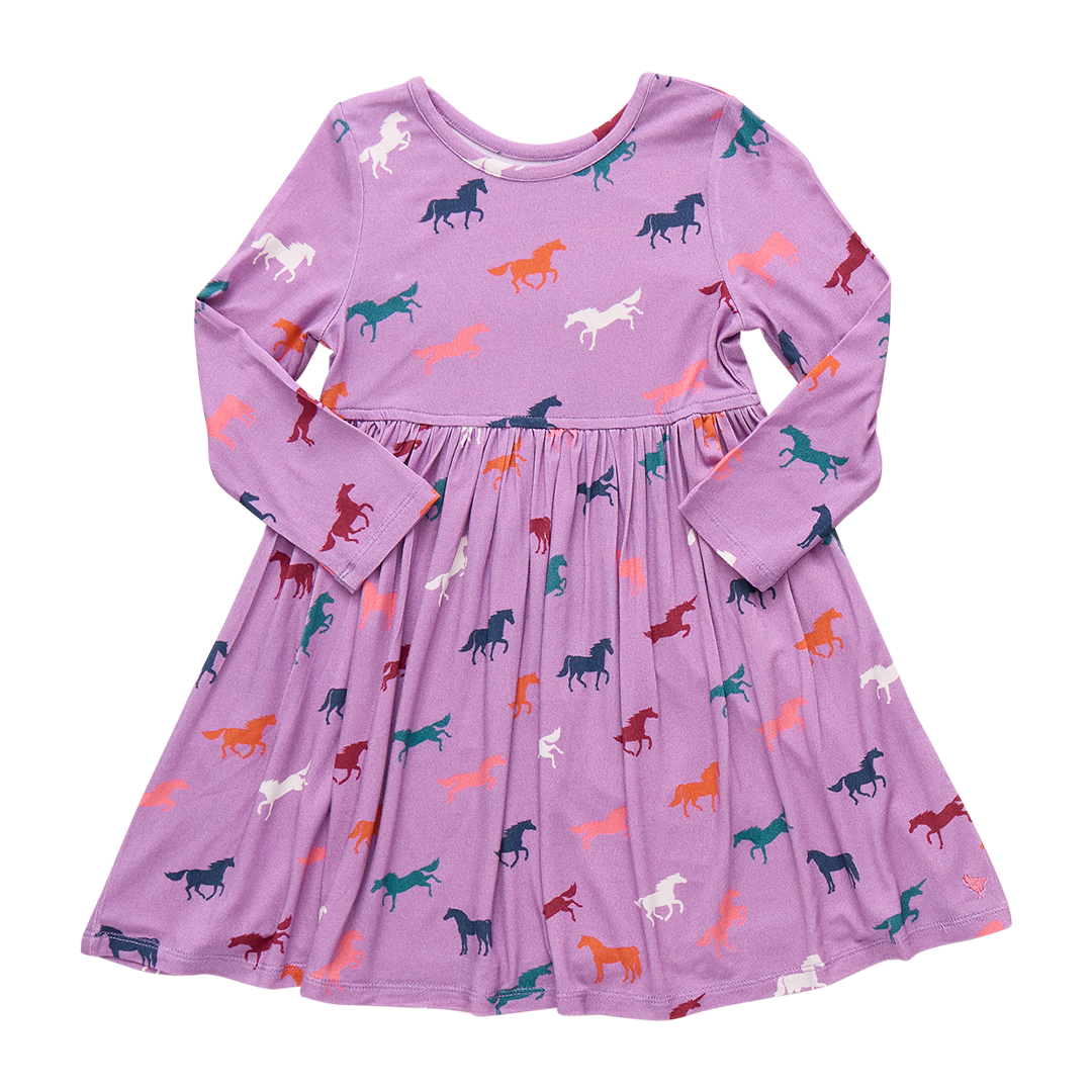 Girls Bamboo Steph Dress-Lavender Multi Horses