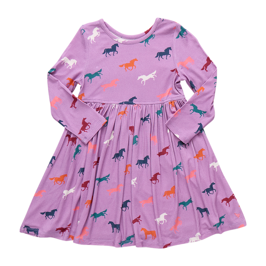 Girls Bamboo Steph Dress-Lavender Multi Horses