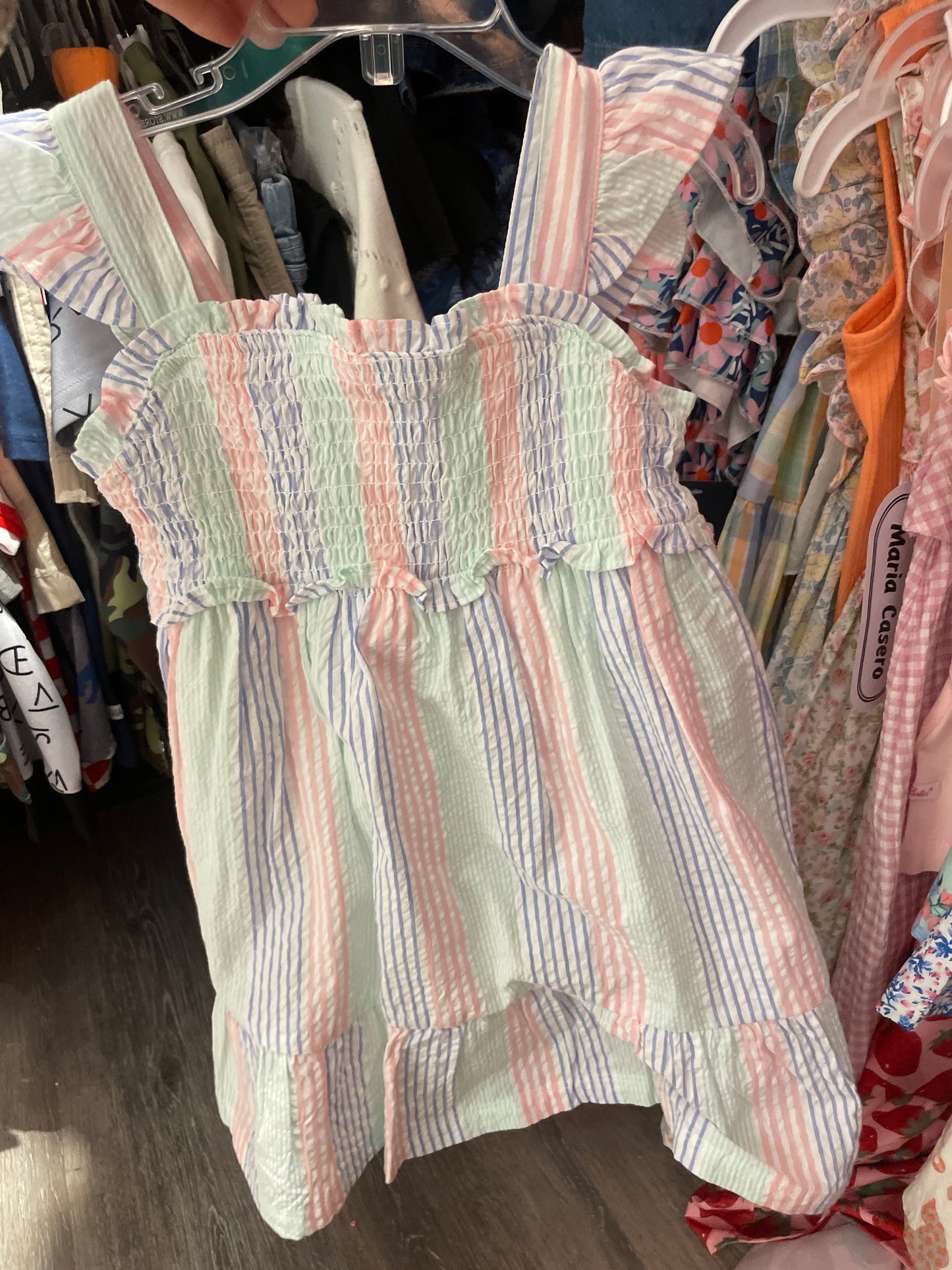 Multi-color Seersucker Smocked Flutter Strap Dress