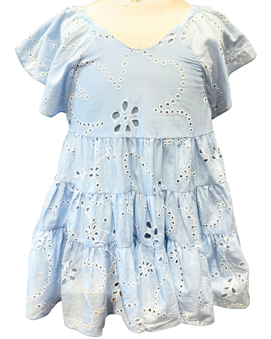 Blue Eyelet Flutter Sleeve Dress