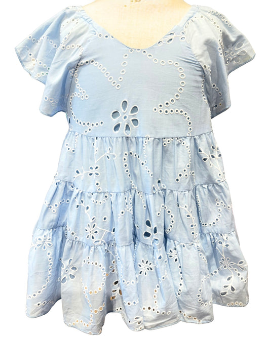 Blue Eyelet Flutter Sleeve Dress