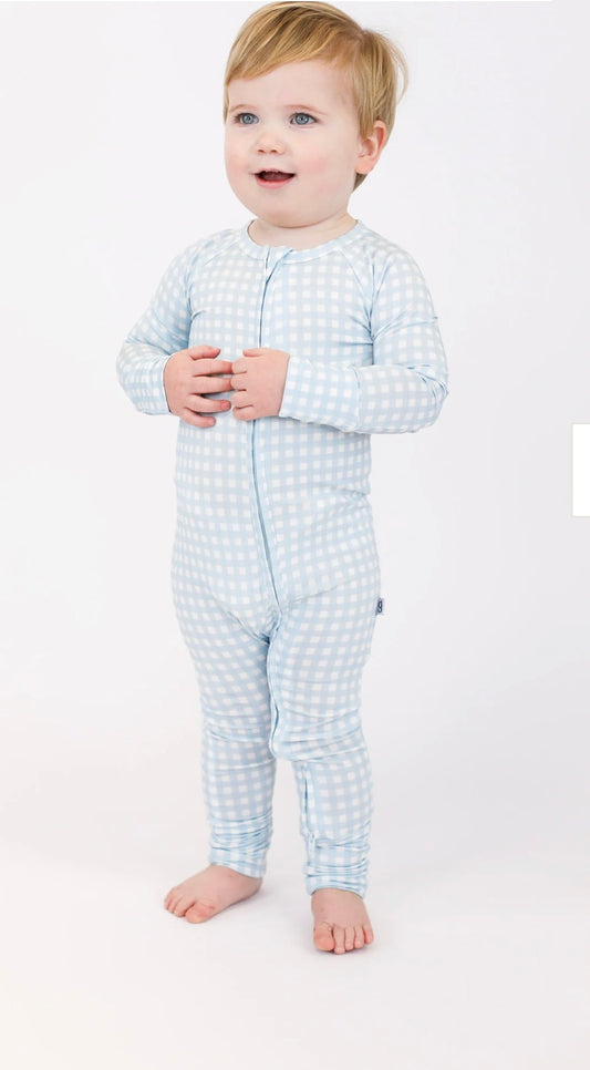 Blue Gingham LS Zip Up Onesie