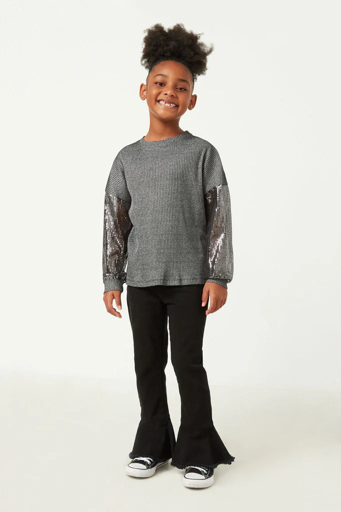 Girls Sequin Sleeve Metallic Rib Long Sleeve Top