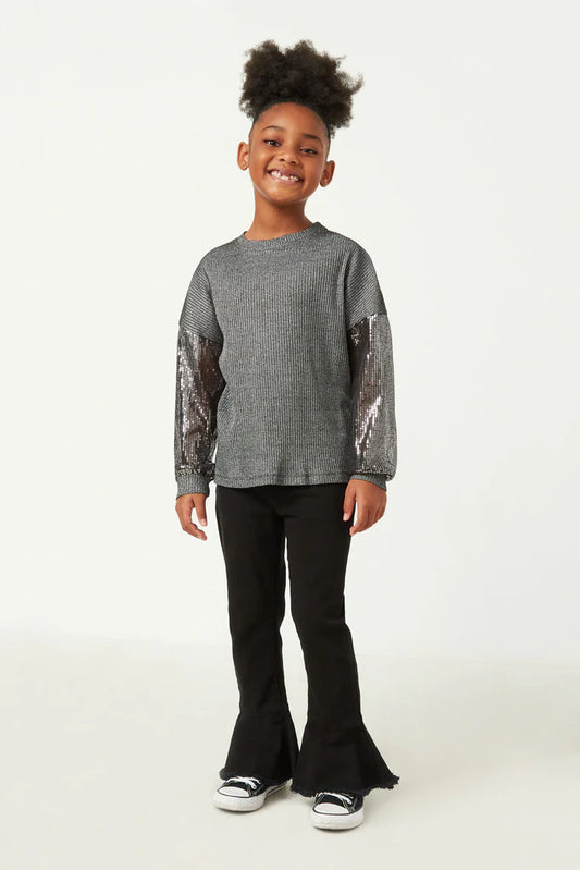 Girls Sequin Sleeve Metallic Rib Long Sleeve Top