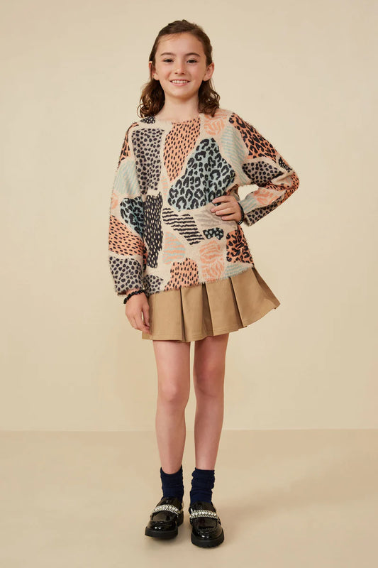 Girls Fuzzy Textured Abstract Leopard Sweater